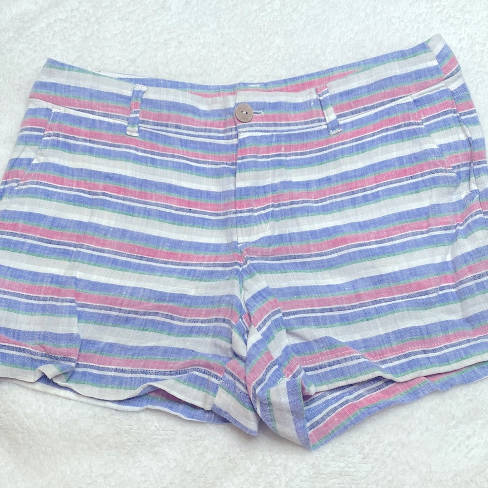 St. Tropez West Blue Pink Striped 100% Linen Shorts Size 4 Excellent Condition